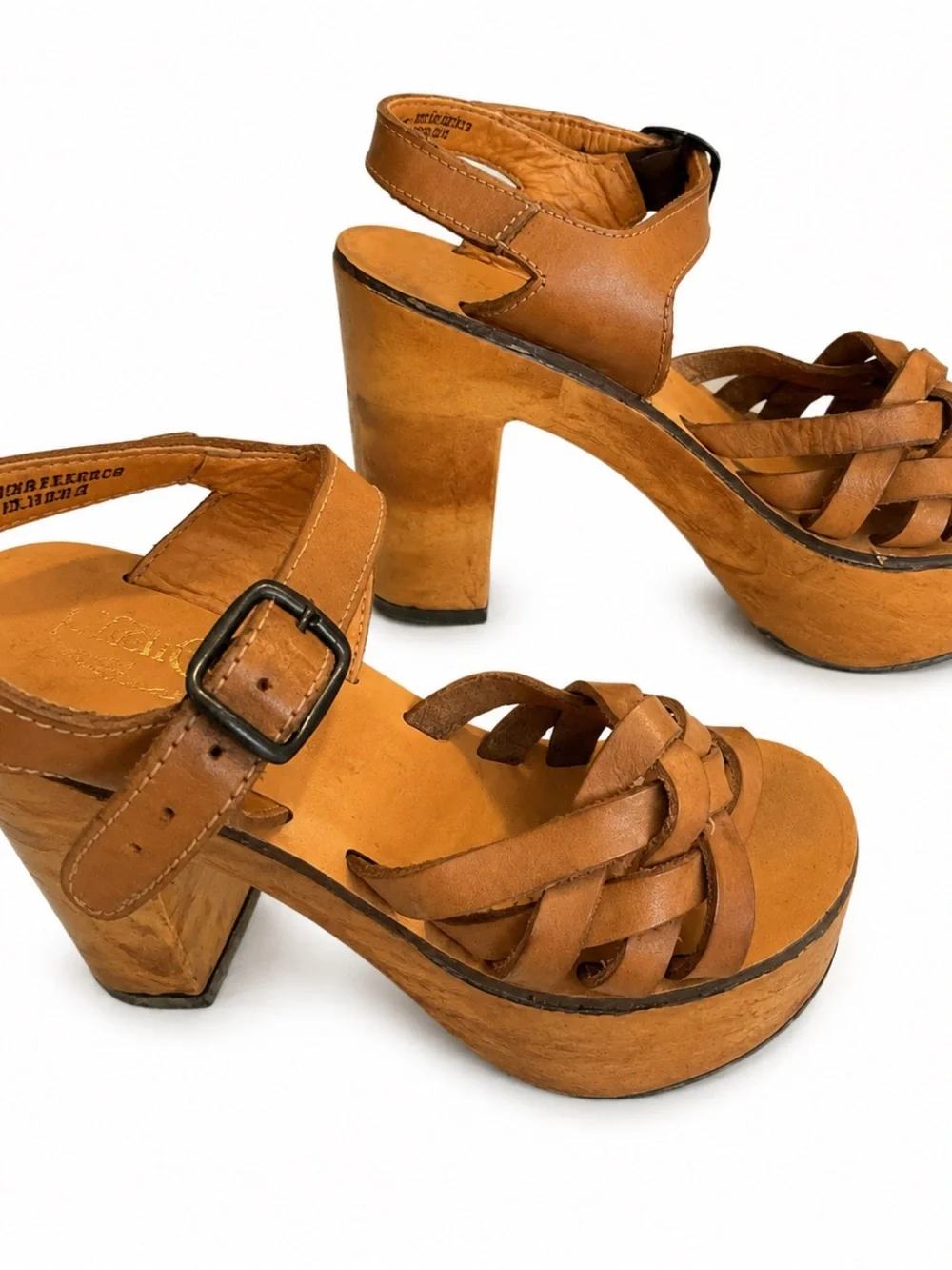Vintage 70s Leather & Faux Wood Platform Sandals
